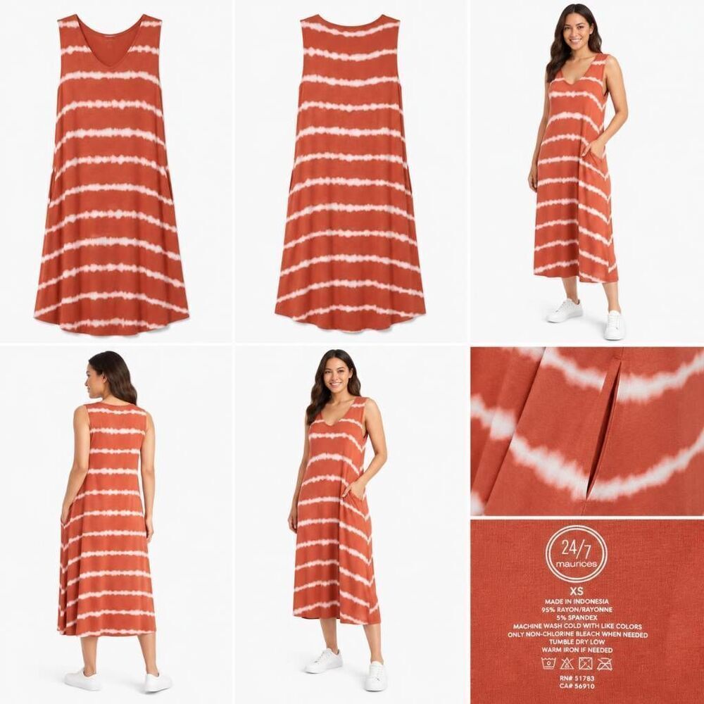 Maurices 24/7 Women’s XS Sleeveless Dress Rust Orange White Tie Dye Rayon Stretc
